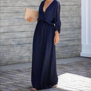 Layered With Love Maxi Dress Navy Surplice Neck Slit Sleeve Boho Pullover Sz  S